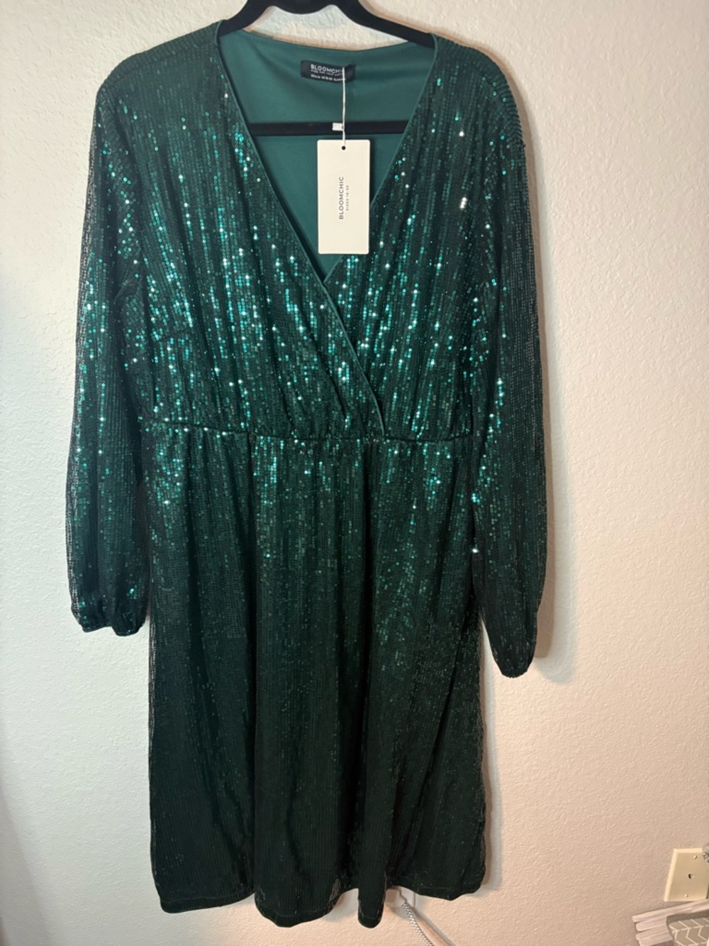 BloomChic Emerald Sequin Long Sleeve Wrap Dress